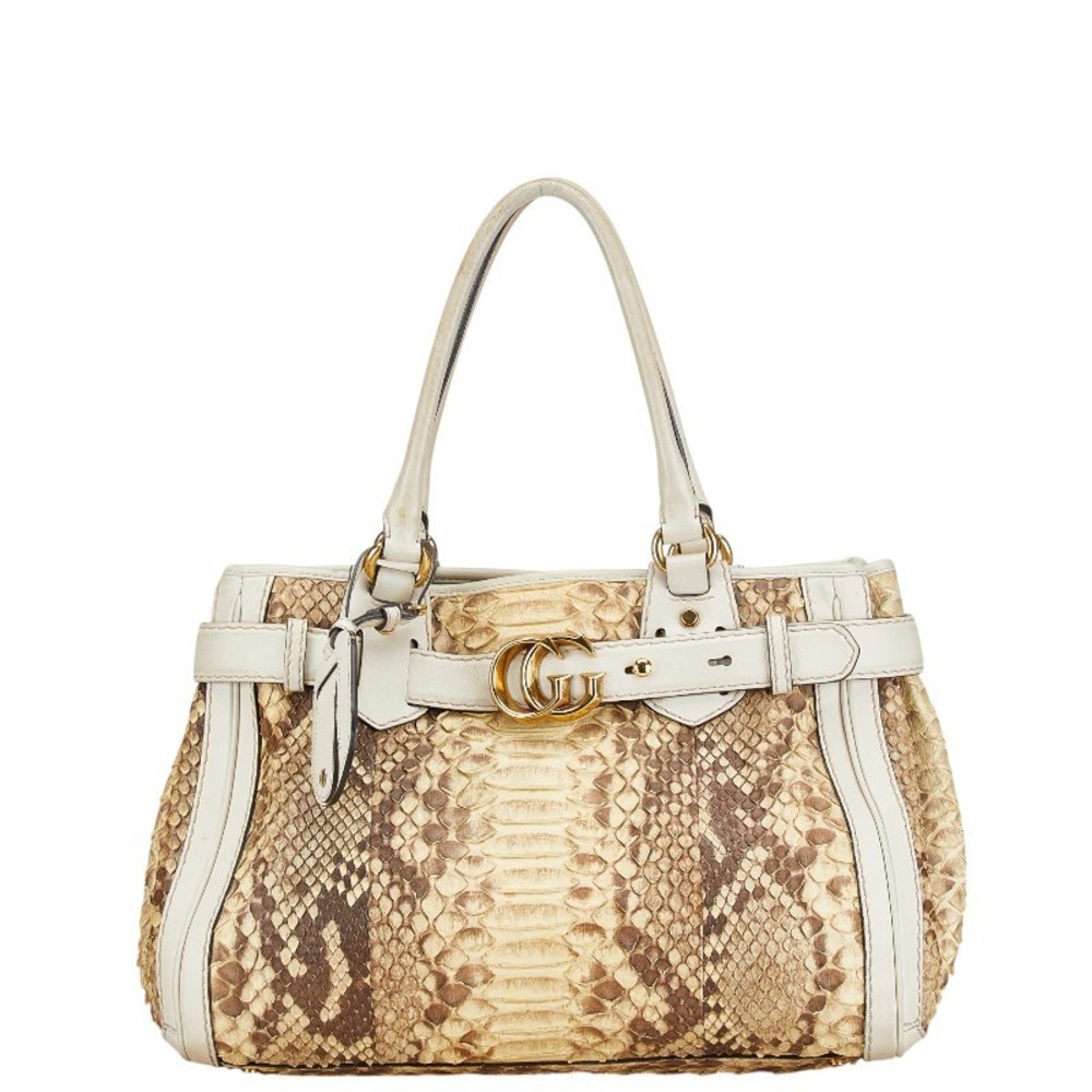Gucci Brown Leather Handbag Bag Python Snake Tote… - image 1